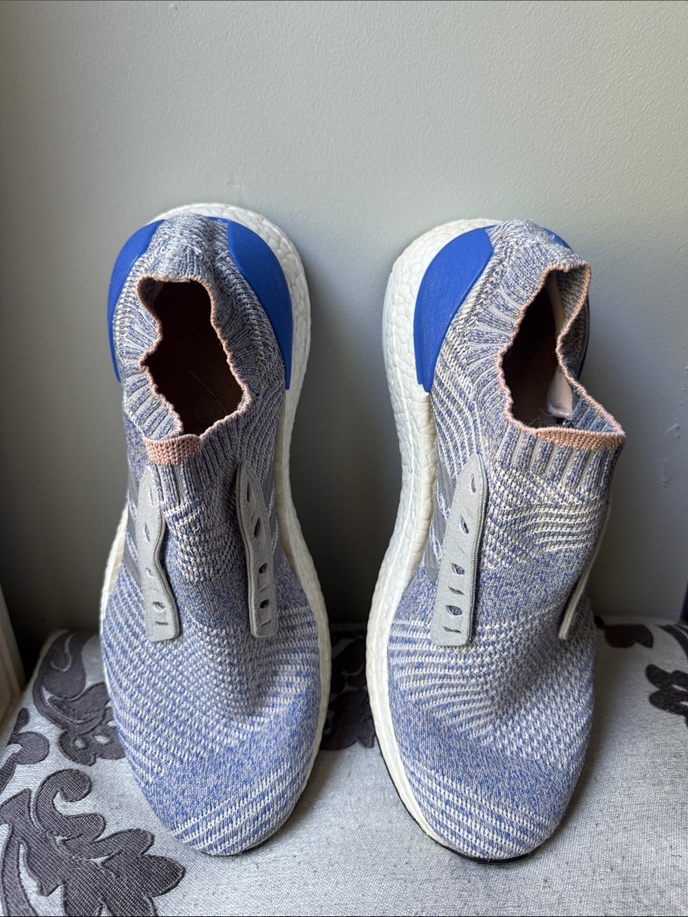 Women’s UltraBoost Slip-On Knit Sneakers in Blue White and Grey
